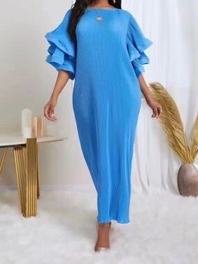 Elegant Blue Pleated Ruffle-Sleeve Maxi Dress